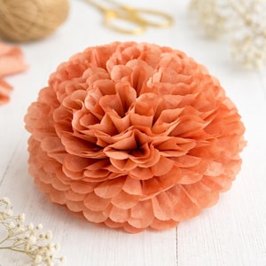 May include: A peach-coloured paper flower decoration. The flower is round and made of many layers of thin, ruffled paper. The petals are a soft, warm peach colour. The flower is on a white surface.