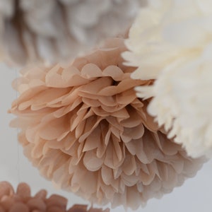 Neutral Tissue Paper Pom Pom party decoration Set Beige, Ivory, mocha, Tan 12 Psc paper flower Pom Poms in 3 Sizes wedding birthday decor image 4