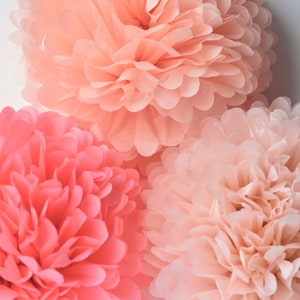 Set di decorazioni per feste con pompon di carta color rosa, pesca e corallo, per matrimoni, compleanni e feste, 10/12/16, fiori di carta, decorazioni ecologiche