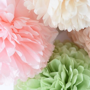 Set di 10 pompon di carta pastello rosa chiaro, verde e avorio, decorazioni per feste, fiori di carta per matrimoni, feste di compleanno e altri eventi.