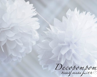 Medium size sparkling pom poms | White tissue paper pom poms | Winter wedding decorations