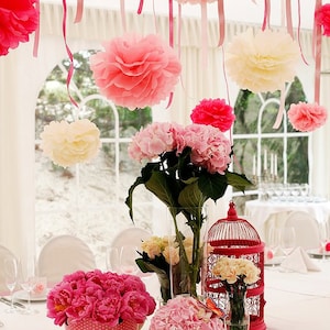 Set di 12 pompon di carta velina rosa e avorio di varie dimensioni, decorazioni per feste con nastri, festoni, decorazioni per feste di compleanno, baby shower, matrimoni