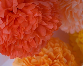 Orange and Peach Paper Pom Poms - Fall Baby Shower and Autumn Party Decorations