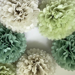 Pom pom set of 16 sage green Tissue paper pom poms dusty green Paper flowers Wedding decor cream and green party decor image 1