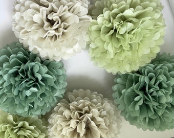 Pom Pom 16er Set | salbeigrüne Seidenpapier Pompons | staubgrün Papierblumen | Hochzeitsdekor | Creme und Grün Party Dekor