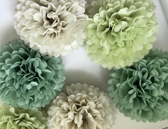 Pom Pom Set of 16 Sage Green Tissue Paper Pom Poms Dusty Green Paper  Flowers Wedding Decor Cream and Green Party Decor 