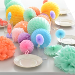 Pastel Party Decoration Set: Honeycomb Balls, Pom Poms & Paper Fans