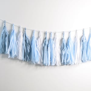 Ghirlanda di nappe di carta blu e bianca, decorazioni per matrimoni / decorazioni per addio al nubilato / decorazioni per servizi fotografici per il primo compleanno, code di palloncino