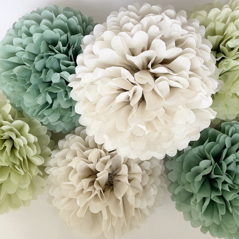 Pom pom set of 16 sage green Tissue paper pom poms dusty green Paper flowers Wedding decor cream and green party decor image 3