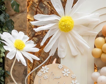 May include: A white wooden sign with the text "Mano Pirmiji Metai" in a decorative font. The sign is decorated with white paper daisies and has a light brown background.