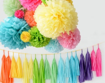 Regenbogen Party Dekor - Papierblumen Pom Poms und Quastengirlande