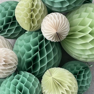 Paper Honeycomb Set party decorations in Sage Green, Celery, Light Green, Almond Milk Decorations for wedding, birthday party, baby shower