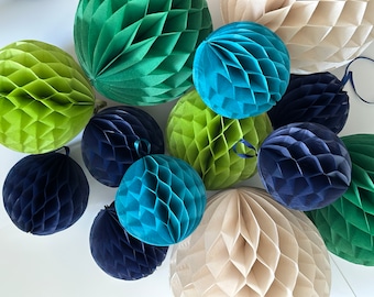 Green, navy blue, peacock  paper Honeycomb Balls Set of 6  Hanging Paper Decorations wedding birthday Graduation party decor