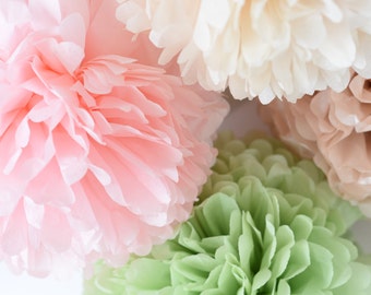 Pastel paper flowers | Beach wedding decor | Boho wedding decor | Paper pom pom set