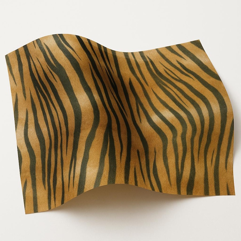 May include: A piece of fabric with a tiger stripe pattern in shades of brown and green.