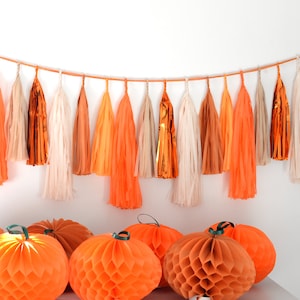 Fall Tassel Garland: Orange, Beige Paper Fringe - Halloween Party Decor