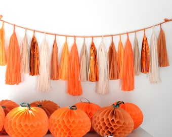 Décorations de fête d'automne, pompons en papier, guirlande de franges en papier orange beige, fête d'anniversaire de mariage, décoration d'intérieur