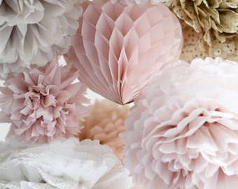 Ensemble de pompons en papier rose poudré | Fleurs en papier rose cendré | Décoration de mariage rose | Pompons de mariage pastel