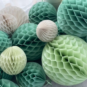 Paper Honeycomb Set party decorations in Sage Green, Celery, Light Green, Almond Milk Decorations for wedding, birthday party, baby shower image 2