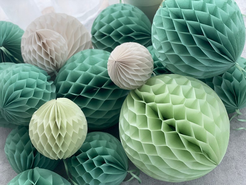 Paper Honeycomb Set party decorations in Sage Green, Celery, Light Green, Almond Milk Decorations for wedding, birthday party, baby shower image 2