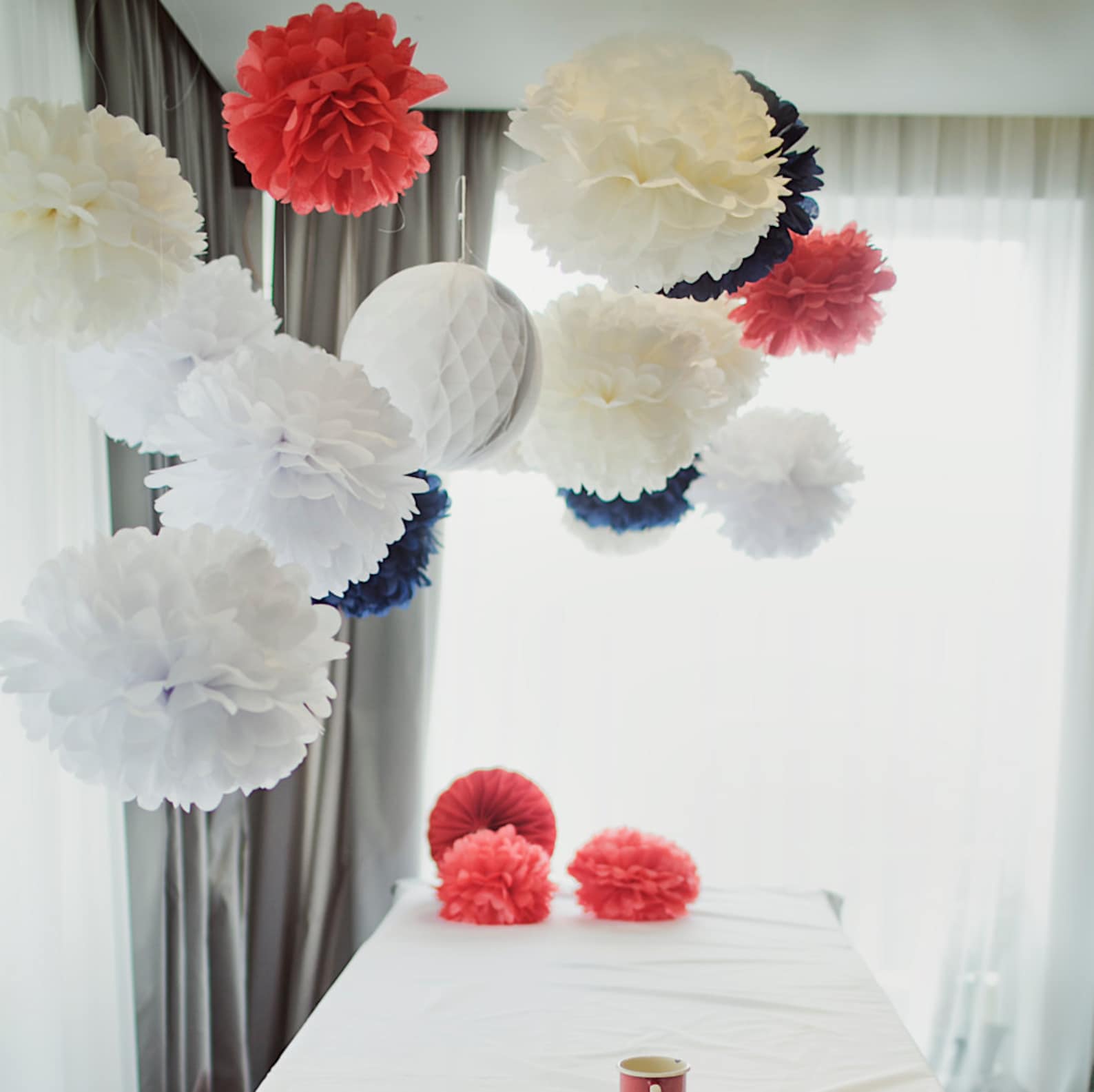Saitec 12-Pack Tissue Paper Pom Poms - Mixed Coral & White 8-10-14 Inch Wedding Decor