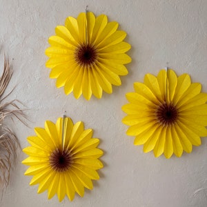 Ventagli di fiori di carta gialli 3 pezzi girasoli Enormi ventagli di carta Decorazioni per feste Decorazioni autunnali per matrimoni, feste di compleanno, baby shower