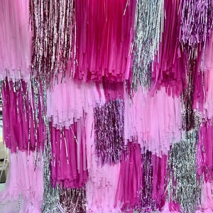 Pink and shimmer Fringe Backdrop, Photo Wall, Streamer Wall, party Decorations, Rainbow Colour Backdrop Party Disco Streamer Backdrop