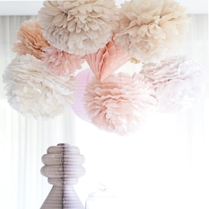 Pompon di carta velina color rosa e champagne, fiori di carta, decorazioni di carta per matrimoni boho, baby shower, addio al nubilato