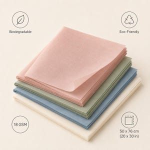 May include: A stack of rectangular tissue paper sheets in shades of pink, sage green, blue, and cream. The image includes icons labeled Biodegradable, Eco-Friendly, 18 GSM, and dimensions of 50 x 76 cm or 20 x 30 inches for the paper sheets.