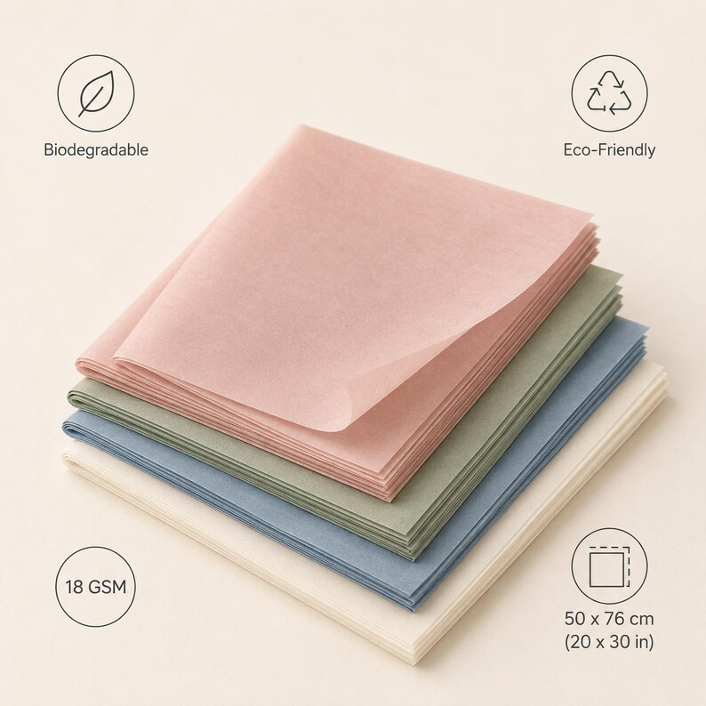 May include: A stack of rectangular tissue paper sheets in shades of pink, sage green, blue, and cream. The image includes icons labeled Biodegradable, Eco-Friendly, 18 GSM, and dimensions of 50 x 76 cm or 20 x 30 inches for the paper sheets.