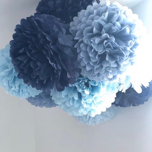 Set di decorazioni per feste blu / fiori di carta / pompon di carta velina / decorazioni per il compleanno dei ragazzi