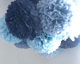 Blue party decorations set | paper flowers | tissue pom pom | Boys Birthday decorations