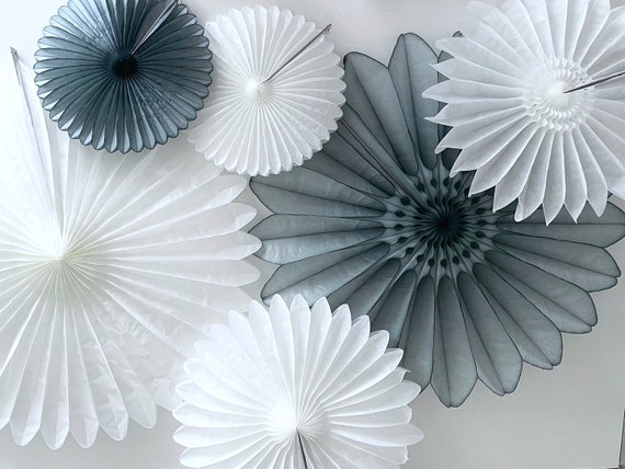 White and Grey Paper Fans Party Decorations Set Backdrop for Wedding, Baby  Shower, Bridal Shower Large Size 67cm 