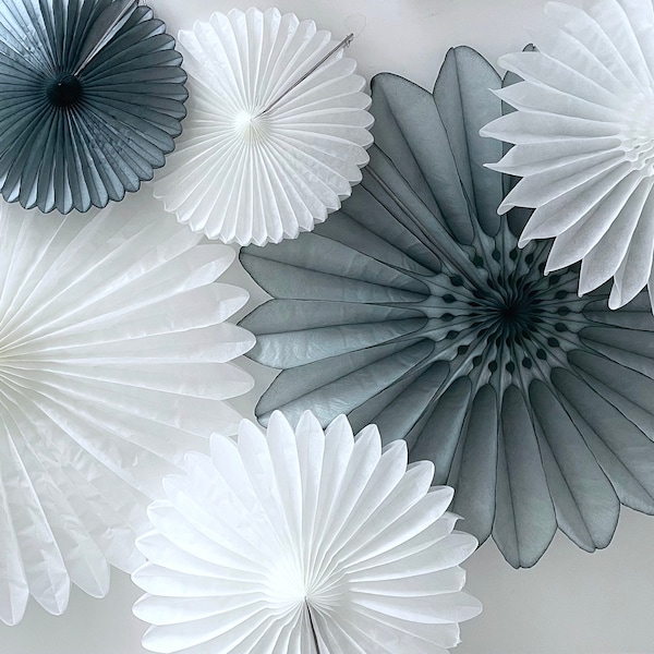 Grey and White Paper Fan Decorations: Party Photo Backdrop, Set of 6