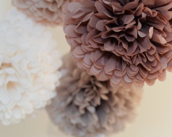 Lot de 15 pompons en papier Neutray, fleurs en papier de couleur terre, tailles variées pour mariage, fête d'anniversaire, baby shower, décoration nuptiale