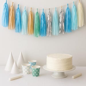 Ghirlanda di nappe in carta velina blu, argento, marrone chiaro, bianco e menta completamente assemblata - Striscione di compleanno Winter Wonderland, Baby Shower, sfondo fotografico