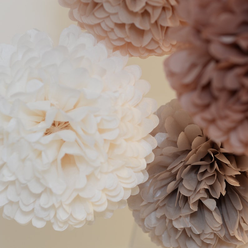 Neutral Tissue Paper Pom Pom party decoration Set Beige, Ivory, mocha, Tan 12 Psc paper flower Pom Poms in 3 Sizes wedding birthday decor image 3