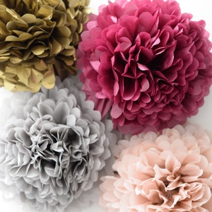 Pompon di carta bordeaux, oro, grigio e rosa cipria, set di decorazioni per feste da 8 o 12 fiori di carta di grandi dimensioni, decorazioni da appendere per matrimoni e baby shower