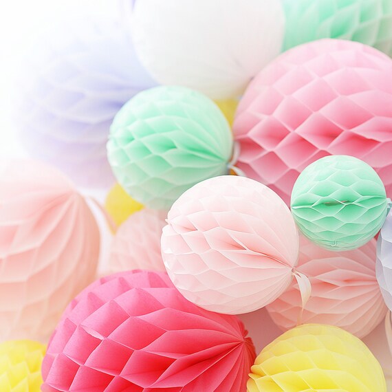 Tissue Paper Honeycomb Balls Set of 15 Hanging Paper Decorations Honeycomb  Pom Poms 