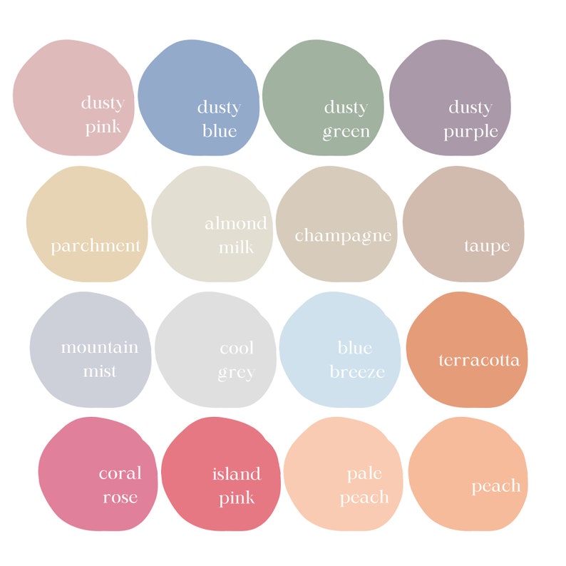 May include: A color palette chart featuring sixteen circular swatches arranged in a four-by-four grid. Each swatch displays a unique color with its corresponding name printed in white text, including dusty pink, dusty blue, dusty green, dusty purple, parchment, almond milk, champagne, taupe, mountain mist, cool grey, blue breeze, terracotta, coral rose, island pink, pale peach, and peach.