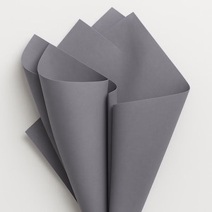 May include: A close-up shot of several sheets of gray paper, fanned out to create a cone-like shape. The paper has a matte finish and a uniform color, with subtle variations in tone due to the folds and shadows. The background is plain white.