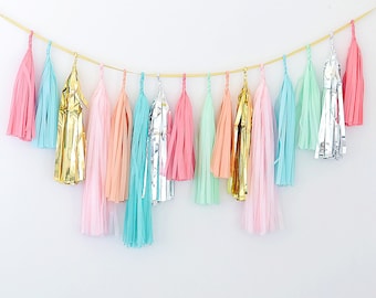 Fully Assembled Paper Tassel Garland - Nursery Decor, Party Decorations, 1st Birthday, Balloon Tail, Coral, Mint, Silver, Gold, Pink