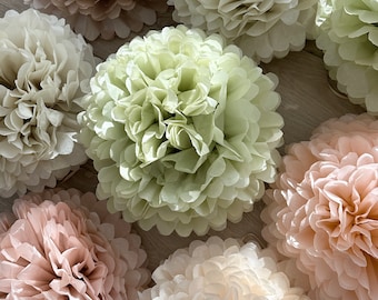 Paper Pom pom set of 16 | blush, neutral and pale mint Tissue paper pom poms | pastel Paper flowers | Wedding decor