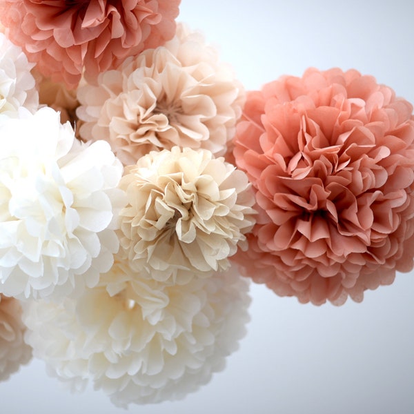 Ensemble de pompons en papier neutre | Lot de 10 fleurs en papier | Décorations de mariage rustiques