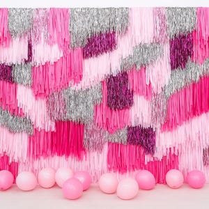 Pink Fringe Streamer Backdrop: Glitter Party Photo Booth Decor, Reusable