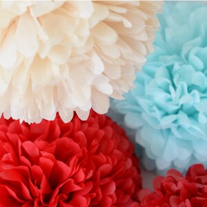 Decorazioni per feste con pompon in carta velina, set da 15, misure miste Fiori di carta rossi, azzurri e crema Decorazioni per matrimoni, compleanni, baby shower