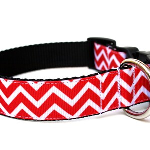 Puede incluir: Collar para perro con estampado de chevron rojo y blanco, hebilla negra y anilla en D plateada.
