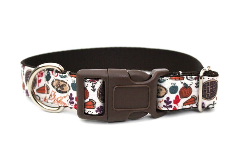 May include: A white dog collar with a brown buckle and a colorful pattern of fall-themed illustrations, including pumpkins, leaves, and pies.