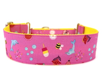 Summer Martingale Dog Collar 2" Wide Dog Collar for Large Breed Dogs Pink Ocean Collar
