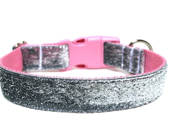 Silver Dog Collar 3/4" or 1" Silver and Pink Dog Collar